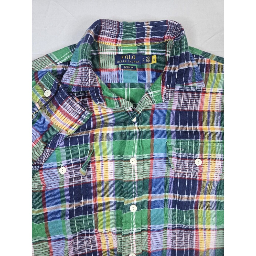 Polo Ralph Lauren Shirt Men's Large Green Flannel Plaid Classic Fit Workshirt